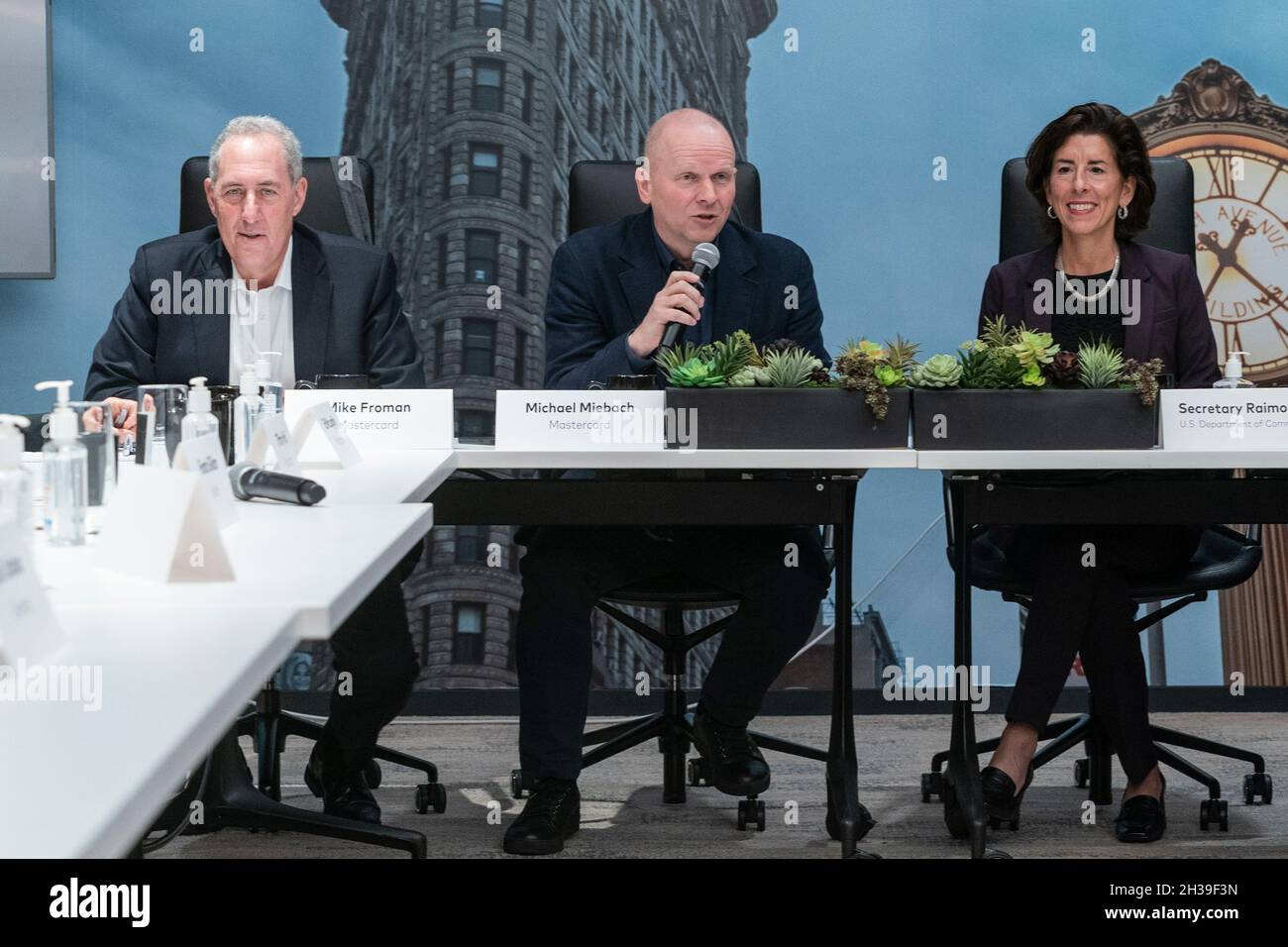 New York, USA. 26th Oct, 2021. U.S. Commerce Secretary Gina Raimondo joined Mastercard's leadership team to discuss support of small businesses at MasterCard office in New York on October 26, 2021. Secretary Raimondo attended Mastercard's Recovery Insights report presentation and meeting with several small businesses. Seated to her right is Mastercard CEO Michael Miebach and to his right Vice Chairman and President of Strategic Growth Michael Froman. (Photo by Lev Radin/Sipa USA) Credit: Sipa USA/Alamy Live News Stock Photo