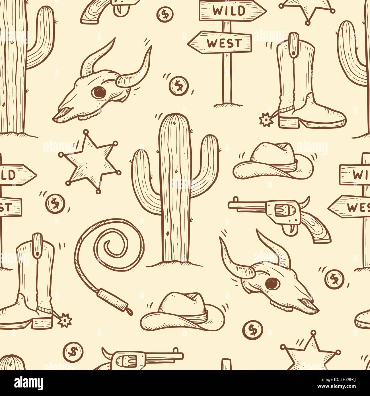 Seamless Pattern Cowboy Cactus