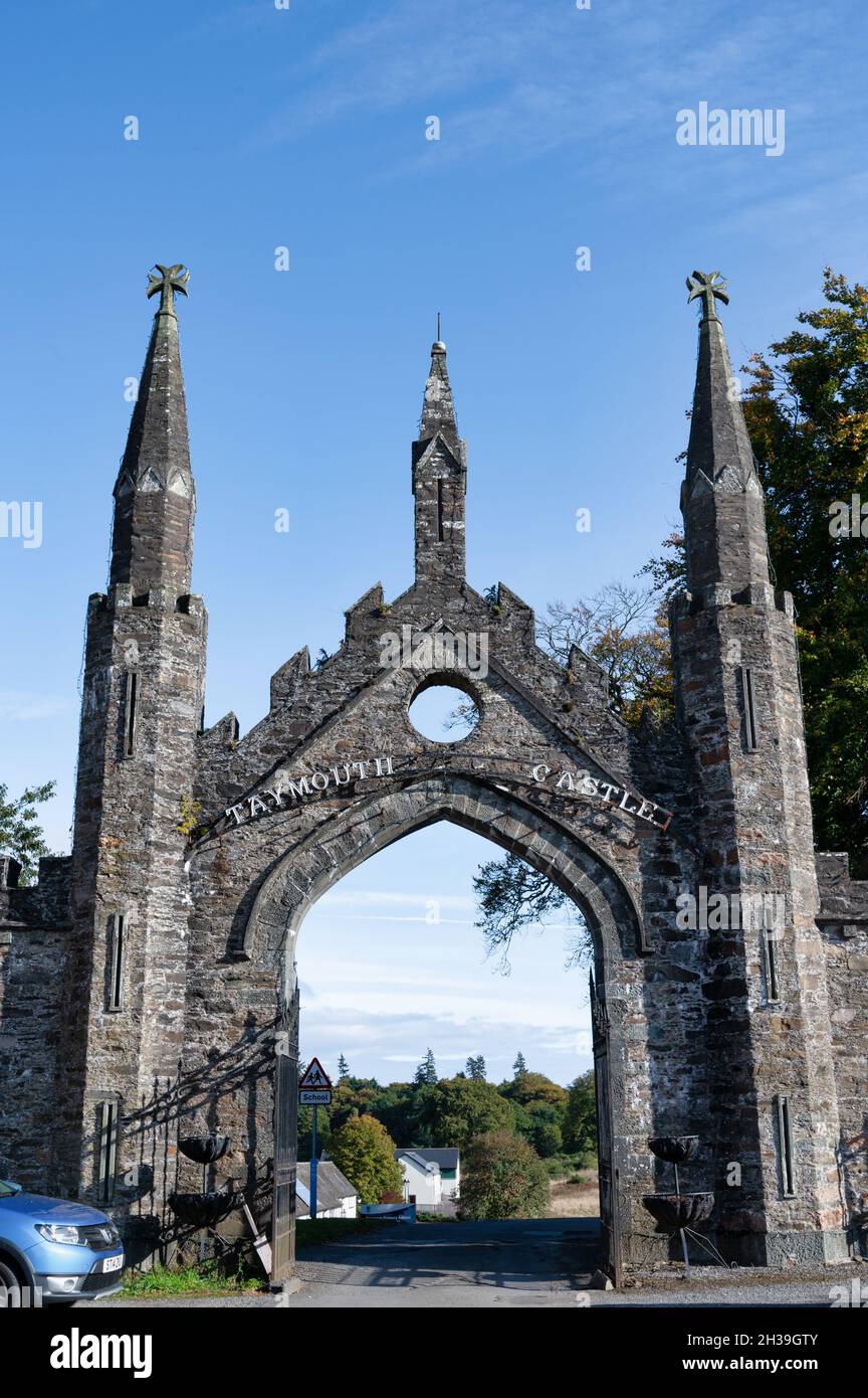 Kenmore, Scotland- Oct 16, 2021: The stone gateway entrance to Taymouth Castle in the Scottish Highlands Stock Photo