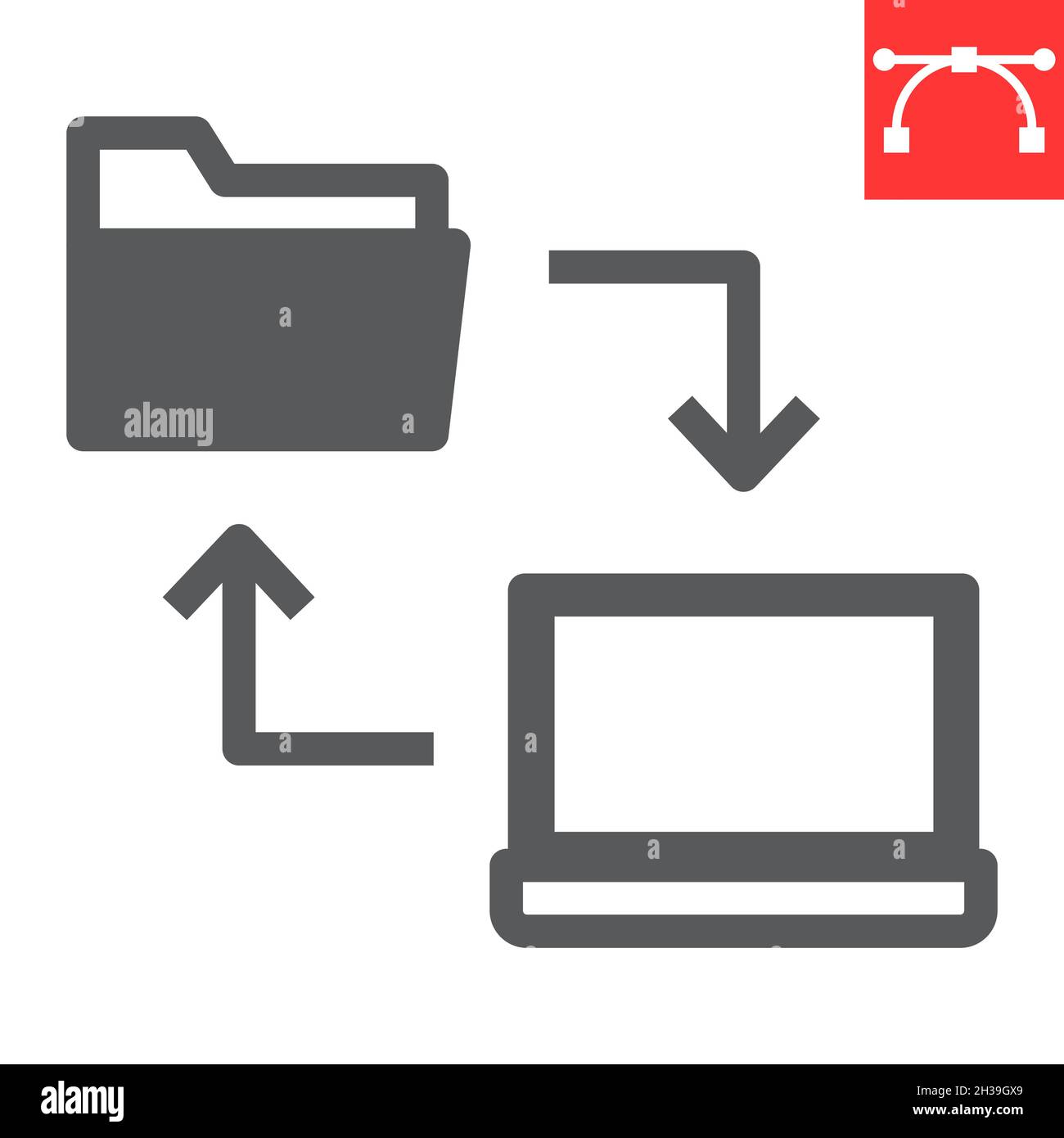 Data share glyph icon, database and transfer, laptop with folder vector icon, vector graphics, editable stroke solid sign, eps 10. Stock Vector