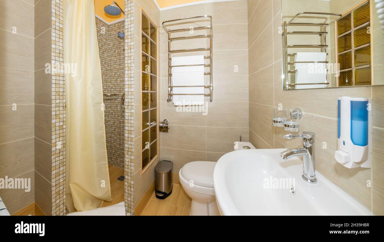 Modern bathroom interior combined with toilet. Shower room and toilet
