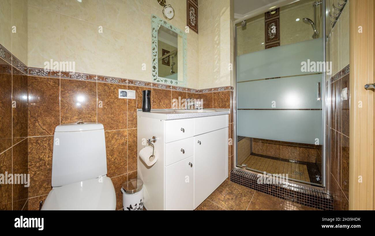 Modern bathroom interior combined with toilet. Shower room and toilet