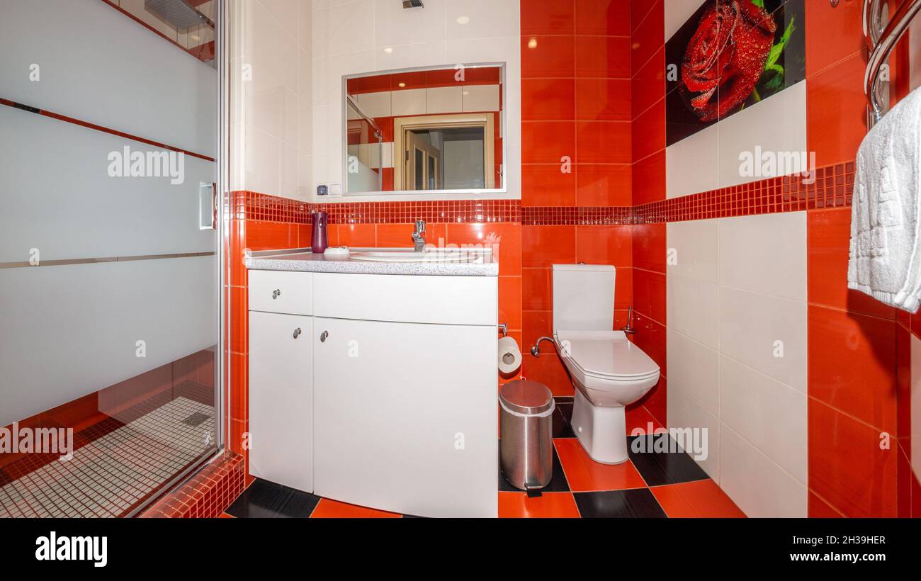 Modern bathroom interior combined with toilet. Shower room and toilet