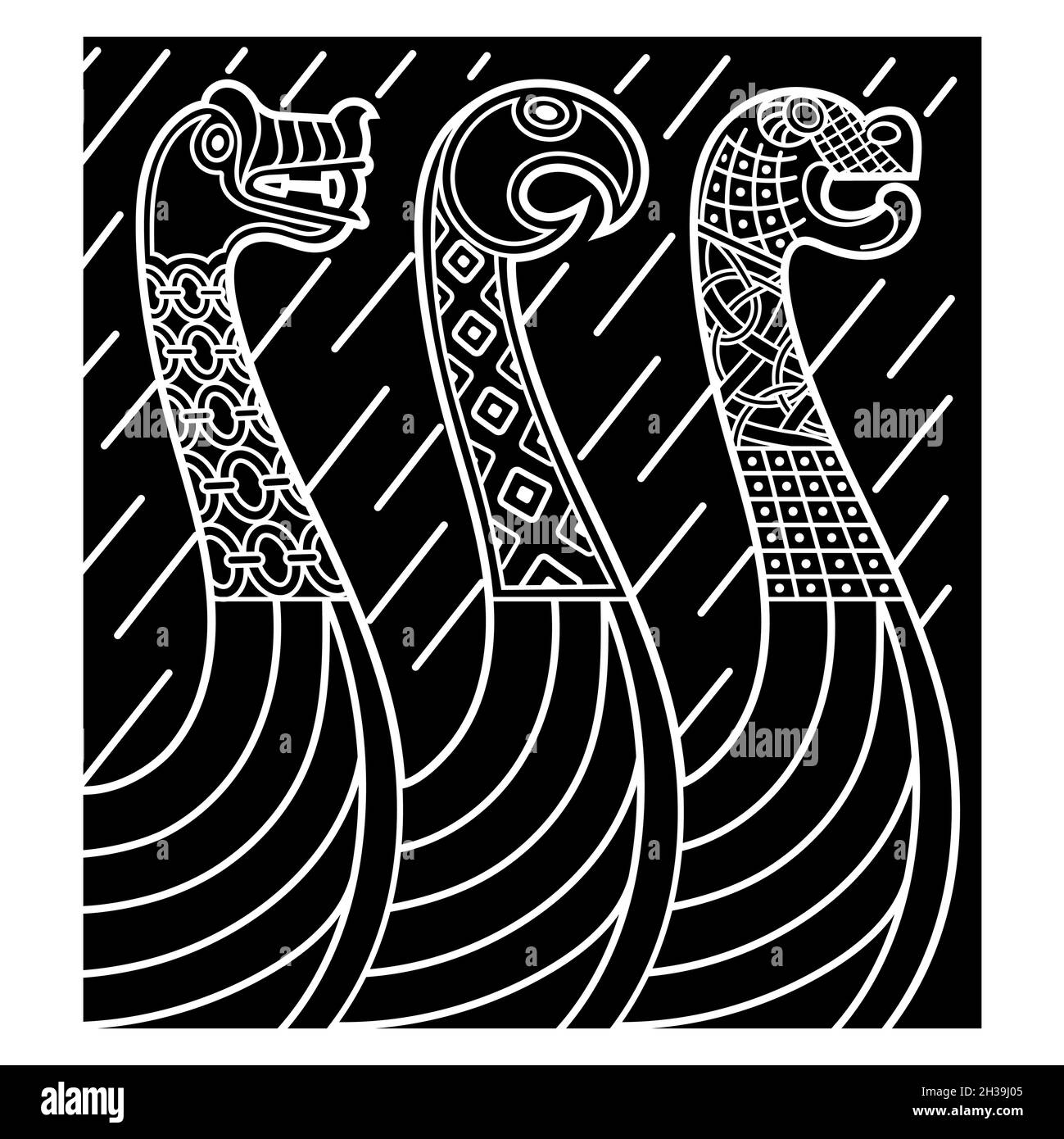 Old Scandinavian design. Viking ships Drakkars with dragon heads Stock Vector