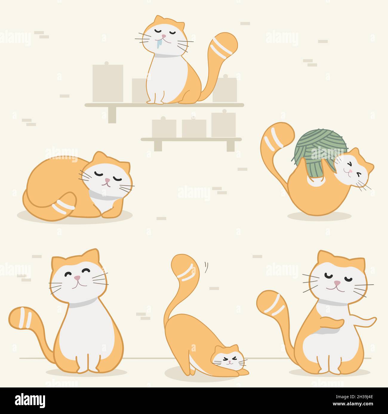 Cats in different positions playing and having fun. Small little pet kittens purring and jumping around. Big set of cat illustrations. Stock Vector