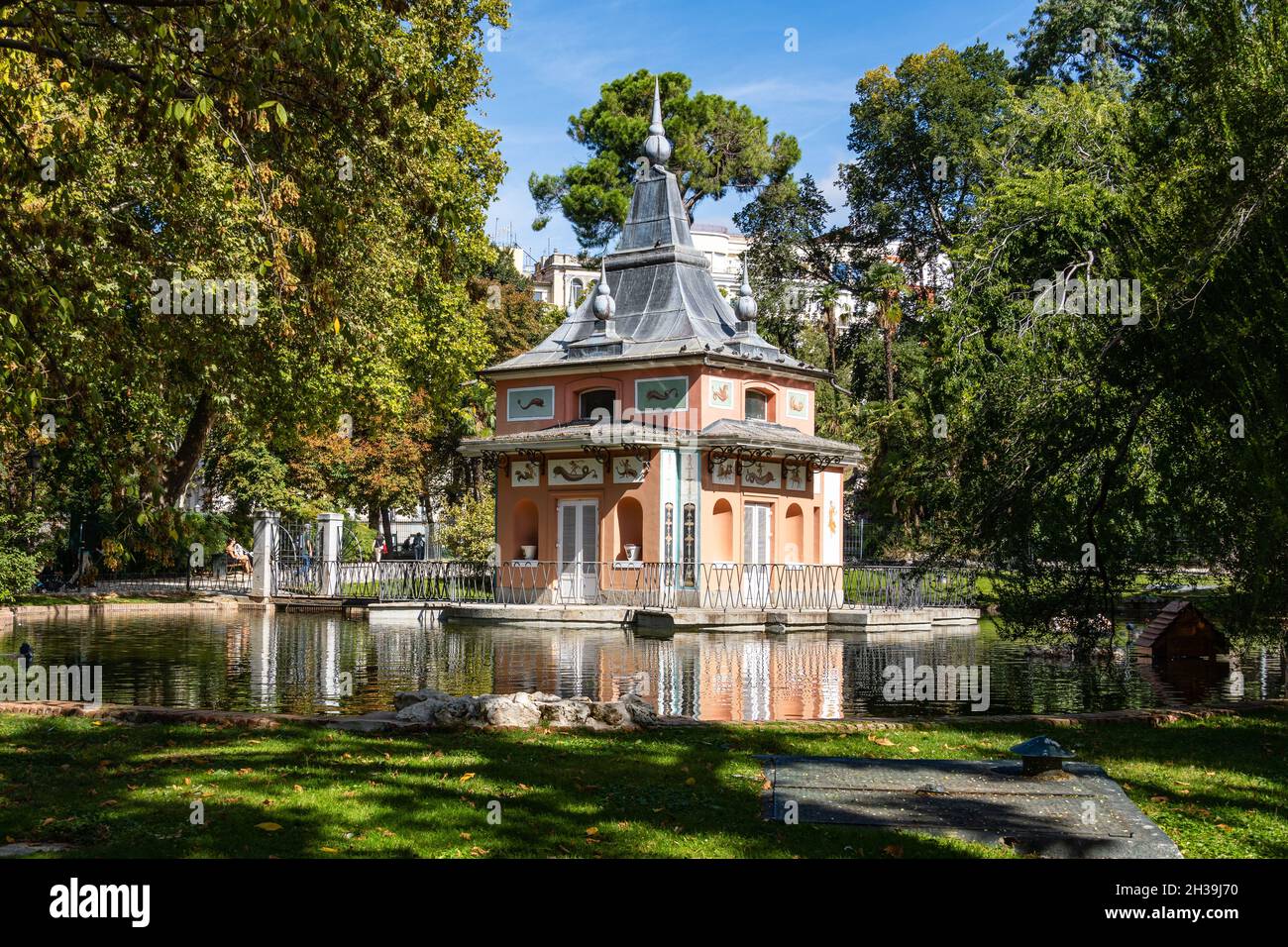 Madrid, Spain - September 26, 2021: Casita del Pescador or Fisherman Cottage in the Retiro Park Stock Photo