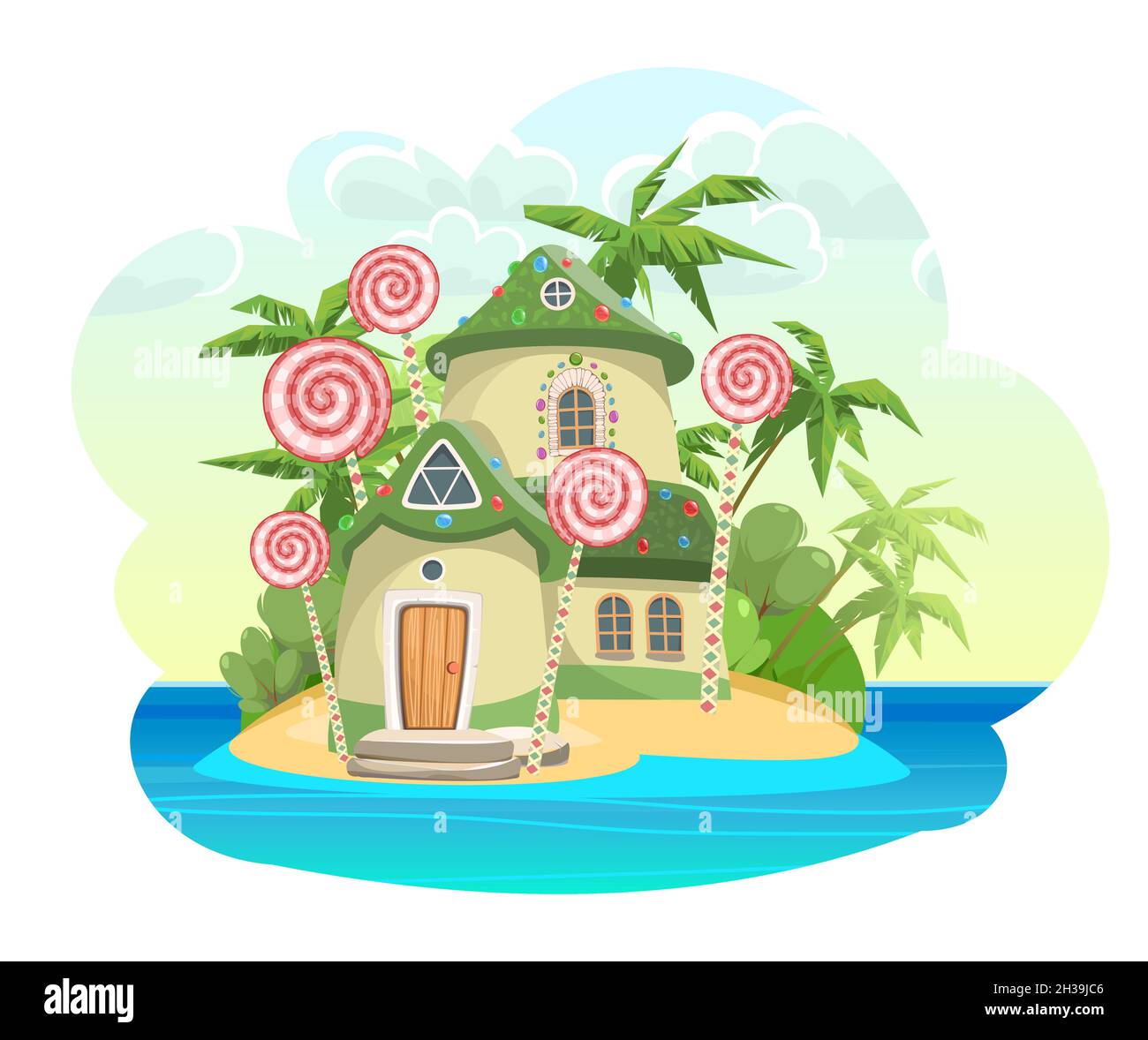 Honey life. Sweet caramel fairy house on tropical island. Illustration in cartoon style flat design. Summer cute landscape. Picture for children Stock Vector