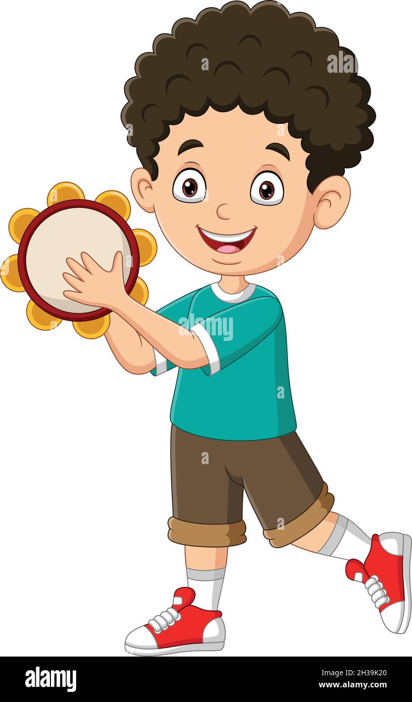 Cute little boy playing tambourine Stock Vector