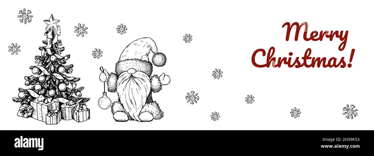 Hand drawn horizontal Happy New Year and Merry Christmas greeting card ...