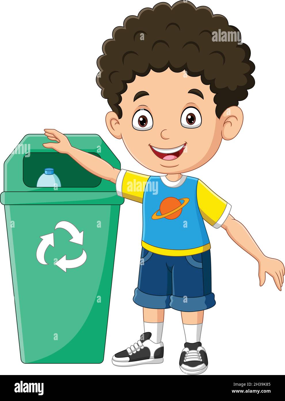 Little boy throwing trash into litter bin Stock Vector