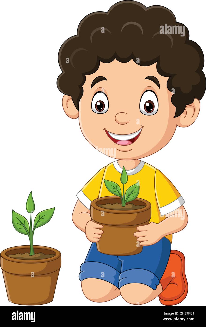 Cute little boy holding plants in pot Stock Vector