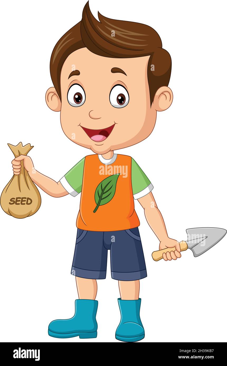 Cute little boy holding seed sack and shovel Stock Vector