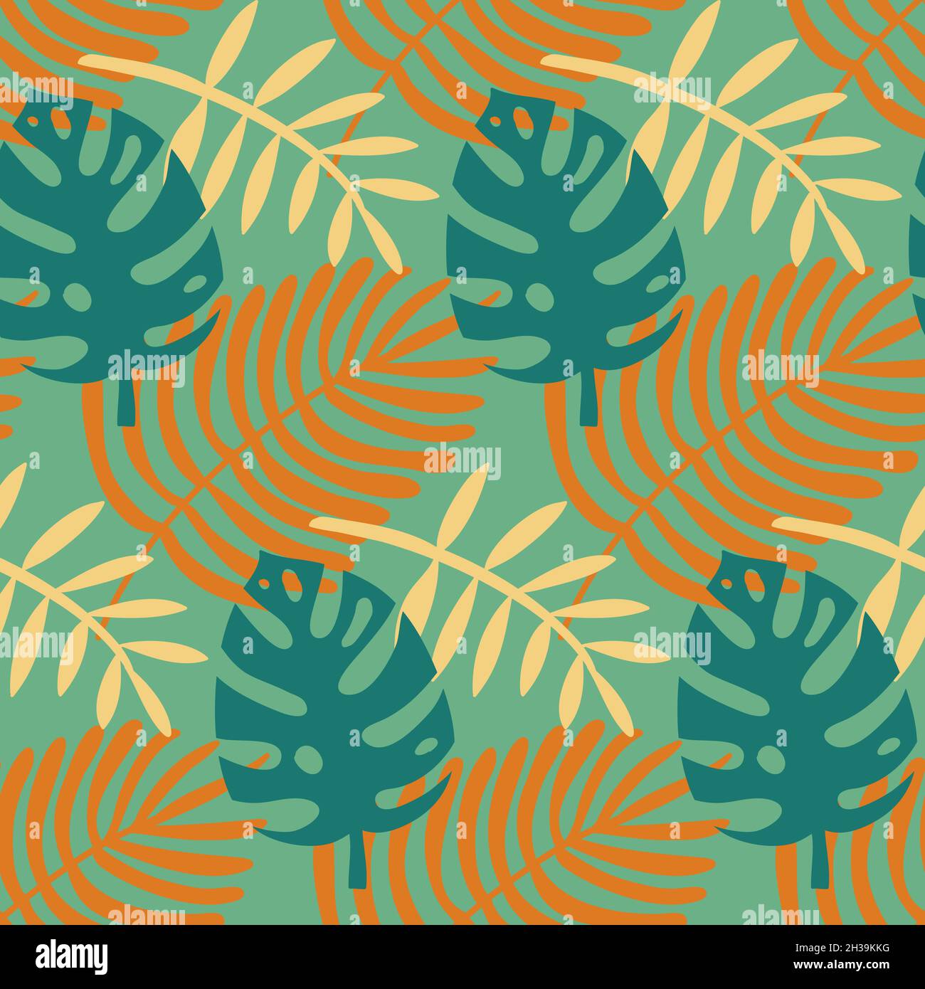 Monstera and palm seamless pattern, green yellow tropical leaves ...