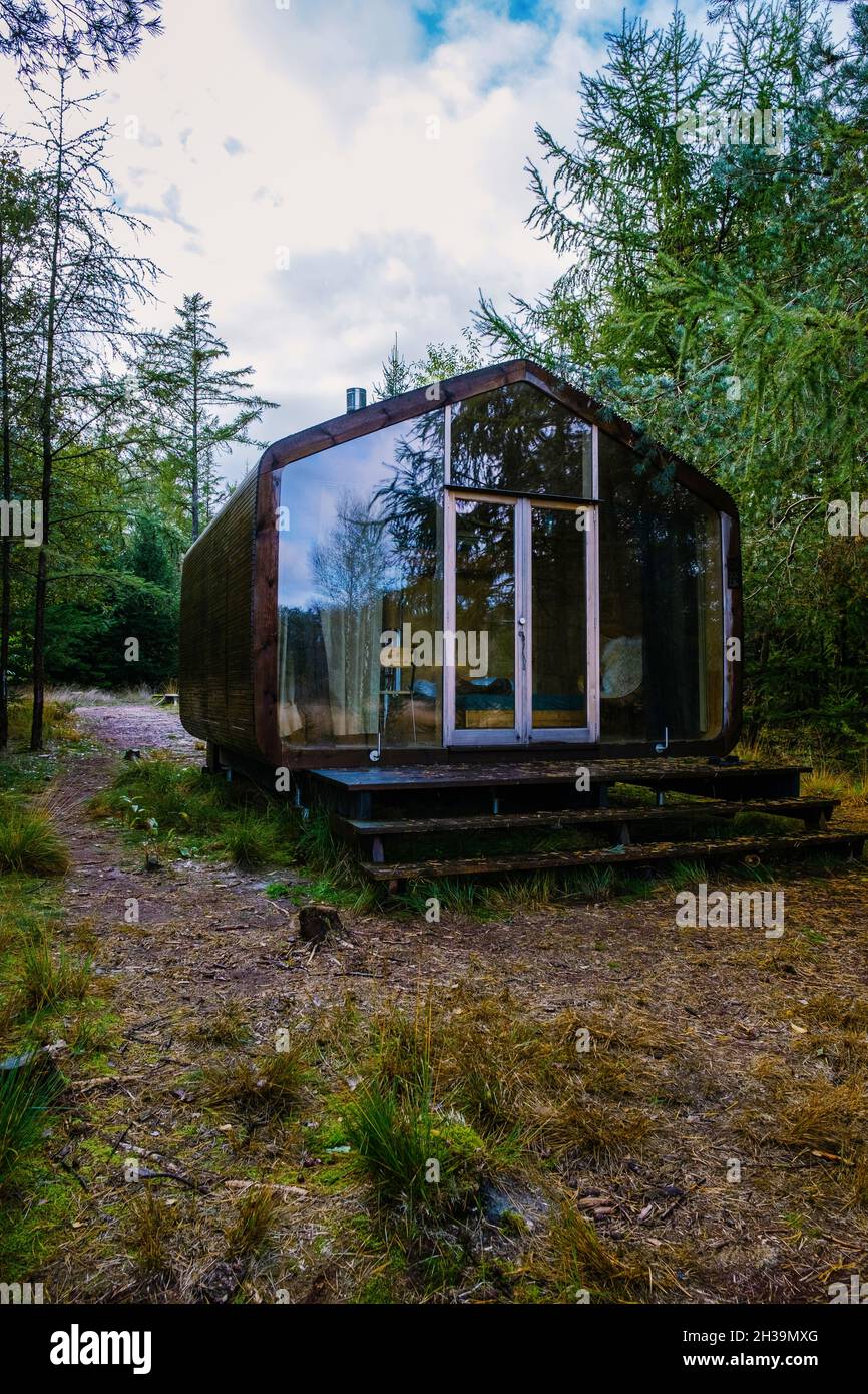 Wooden hut in an autumn forest in the Netherlands, cabin off grid