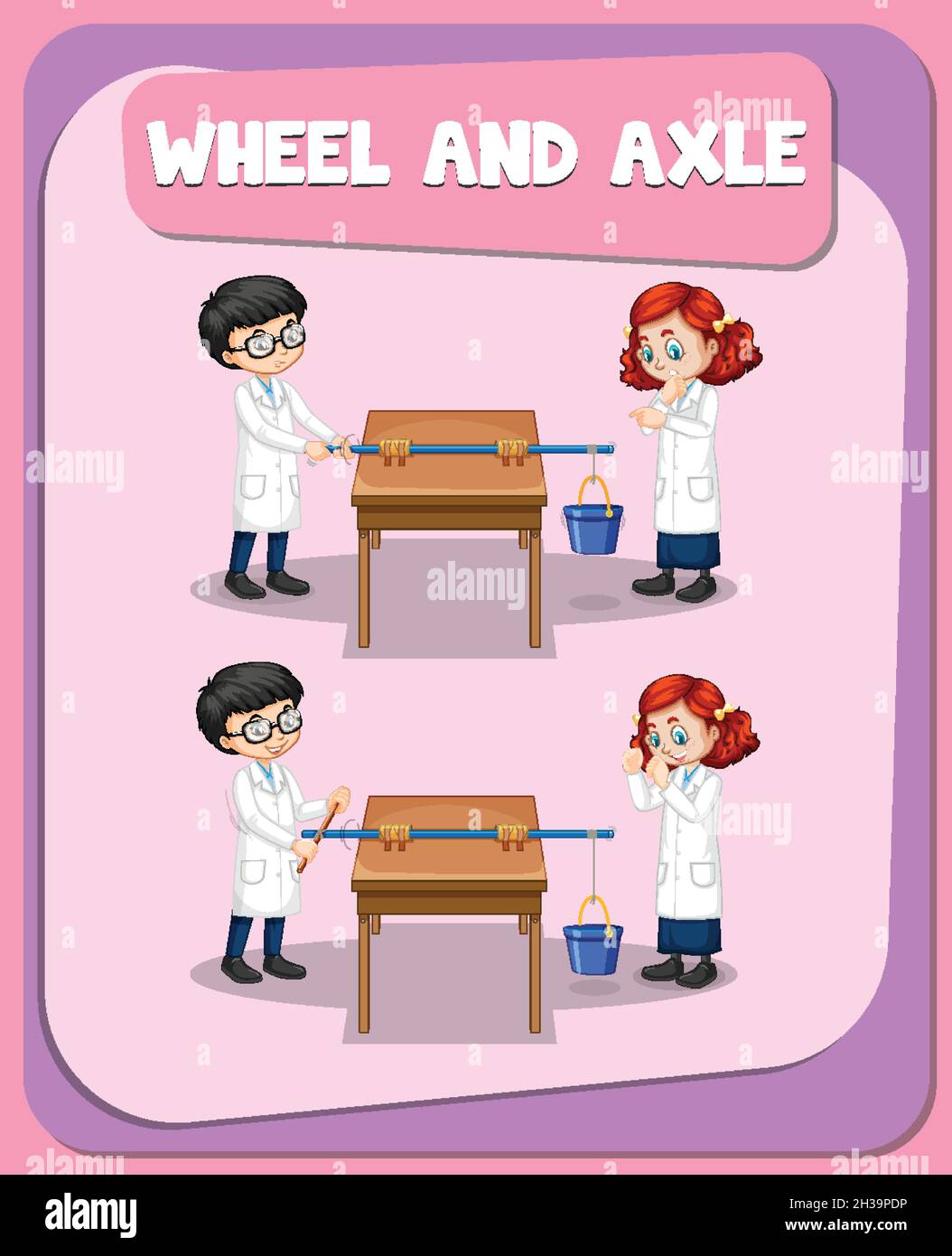 Wheel and axle experiment with scientist kids illustration Stock Vector