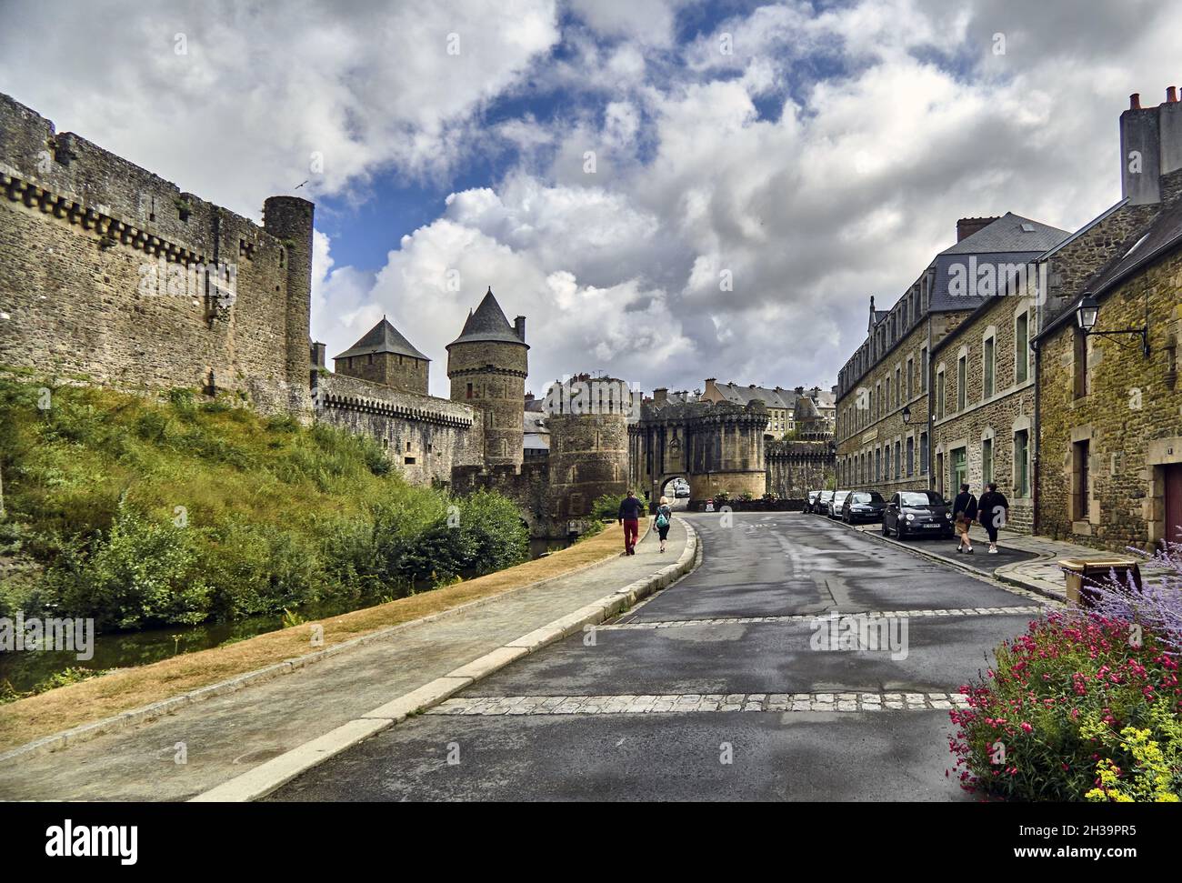 France, Fougeres.  Originally there were four gates but only this one the Notre Dame gate is still standing. The castle first built in the 11th centur Stock Photo