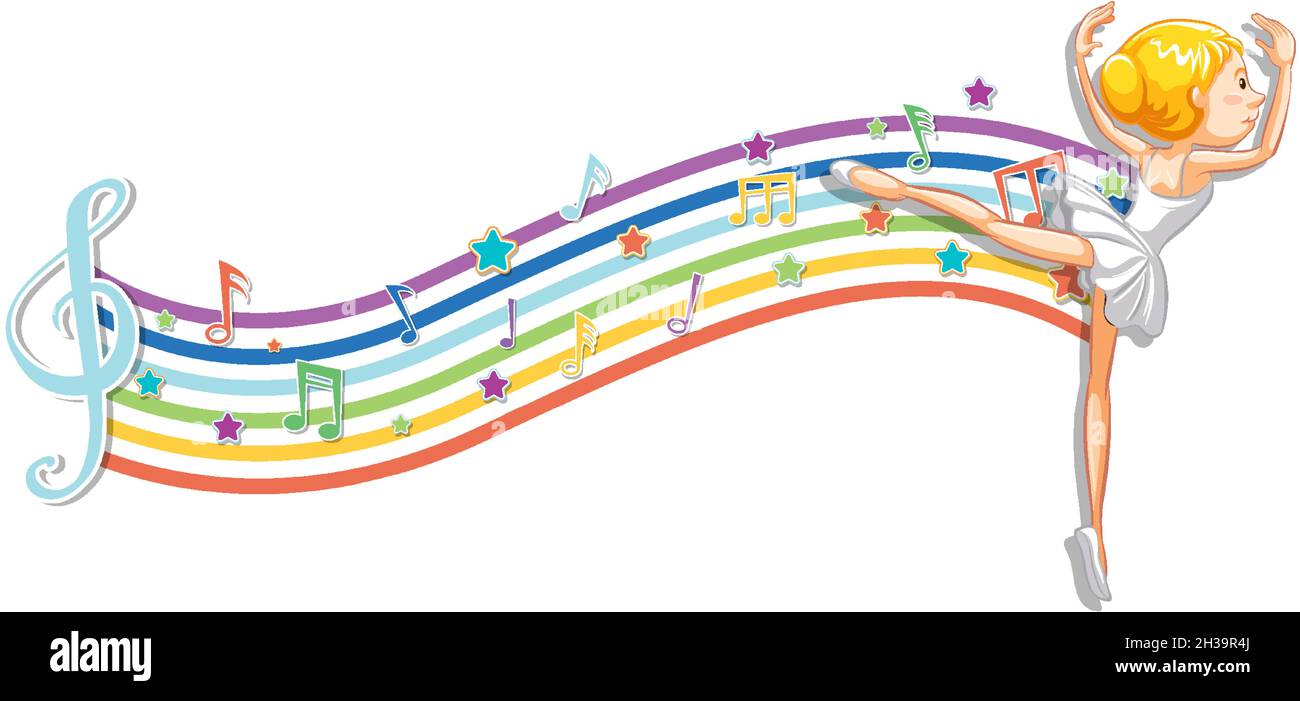 Ballerina with melody symbols on rainbow wave illustration Stock Vector ...