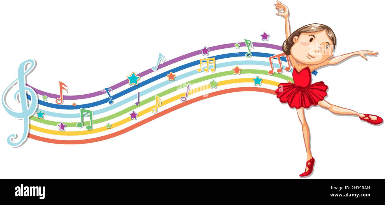Ballerina with melody symbols on rainbow wave illustration Stock Vector ...
