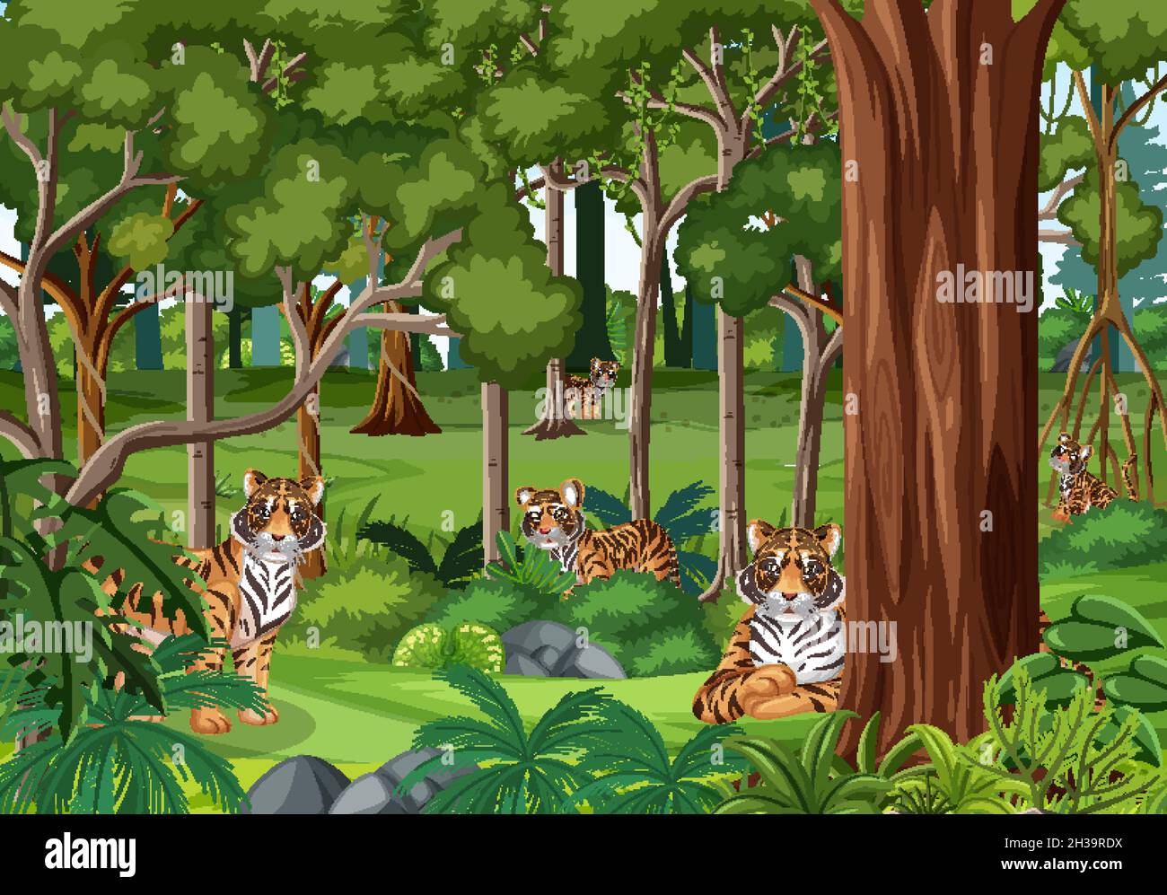 Tiger family in forest landscape background illustration Stock Vector