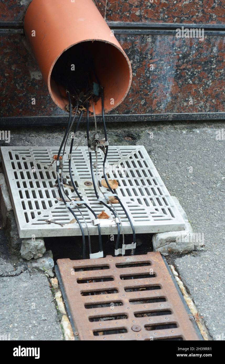 Gutter Deicing system. Gutter Heating. Close up on gutter downspout