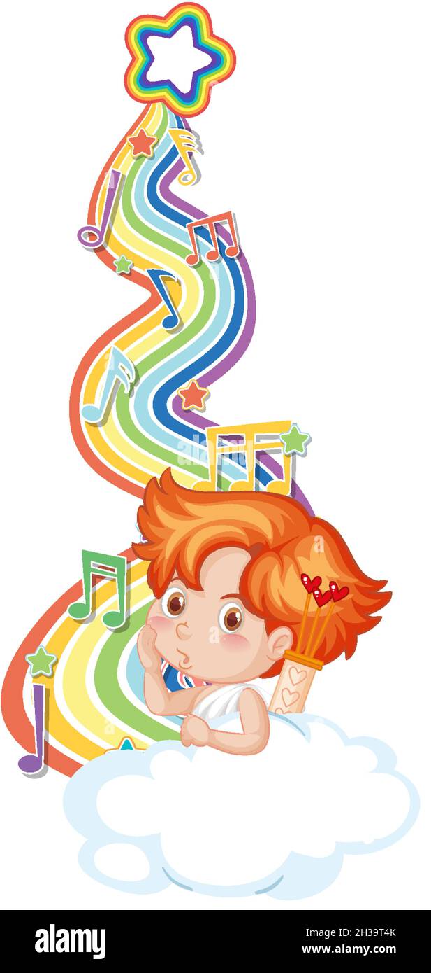 Cupid boy with melody symbols on rainbow wave illustration Stock Vector ...