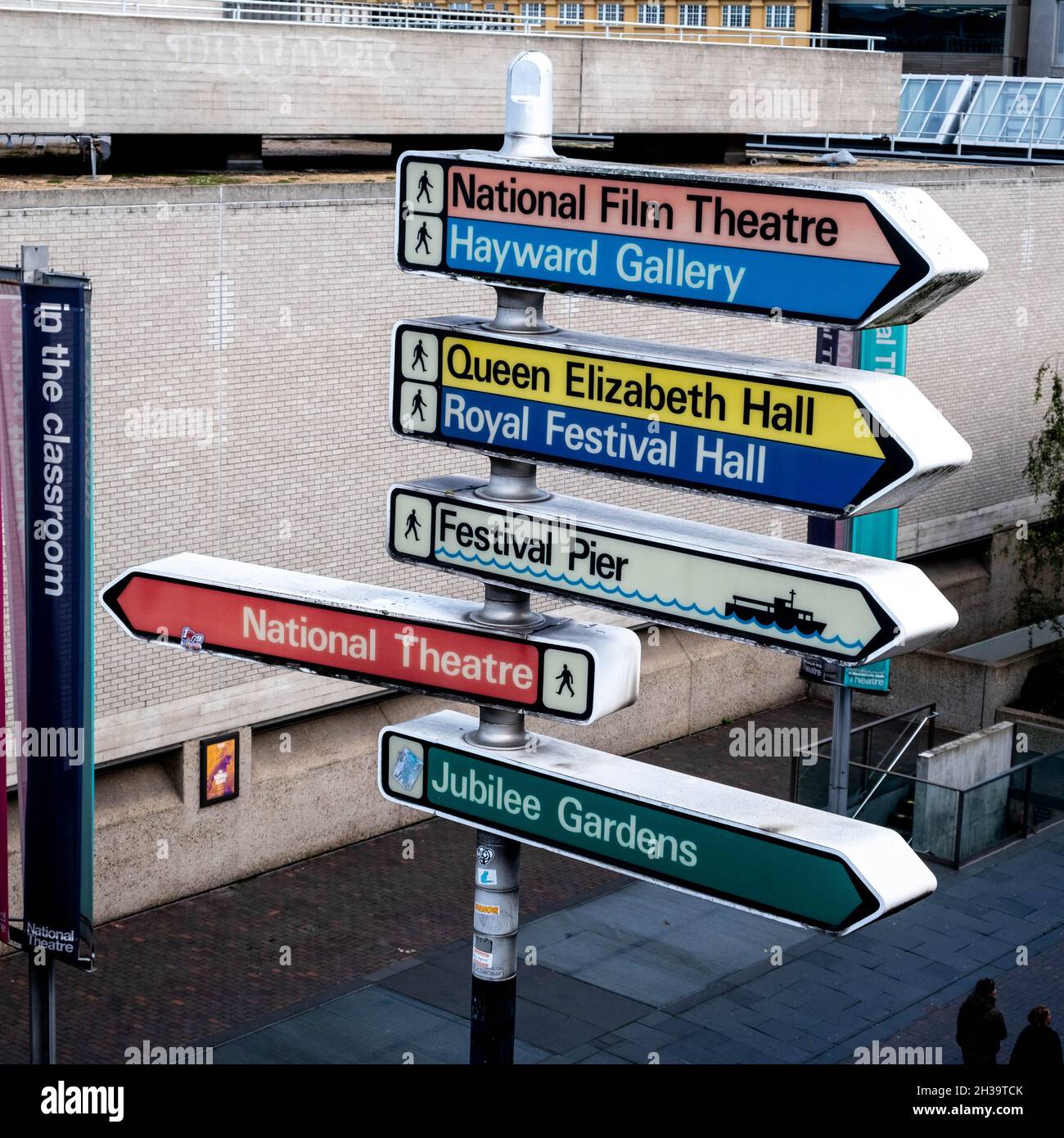 Colourful Direction Sign Posting On South Bank Giving Directions To Main Tourist Attractions on South Bank Central London With No People Stock Photo