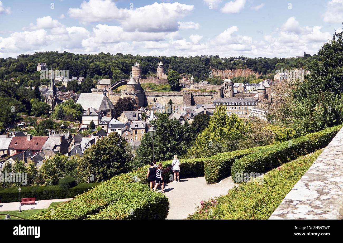 France, Fougeres. Since the public garden that surround the church at the top of the hill the view over the city, the landscape and the castle is impr Stock Photo