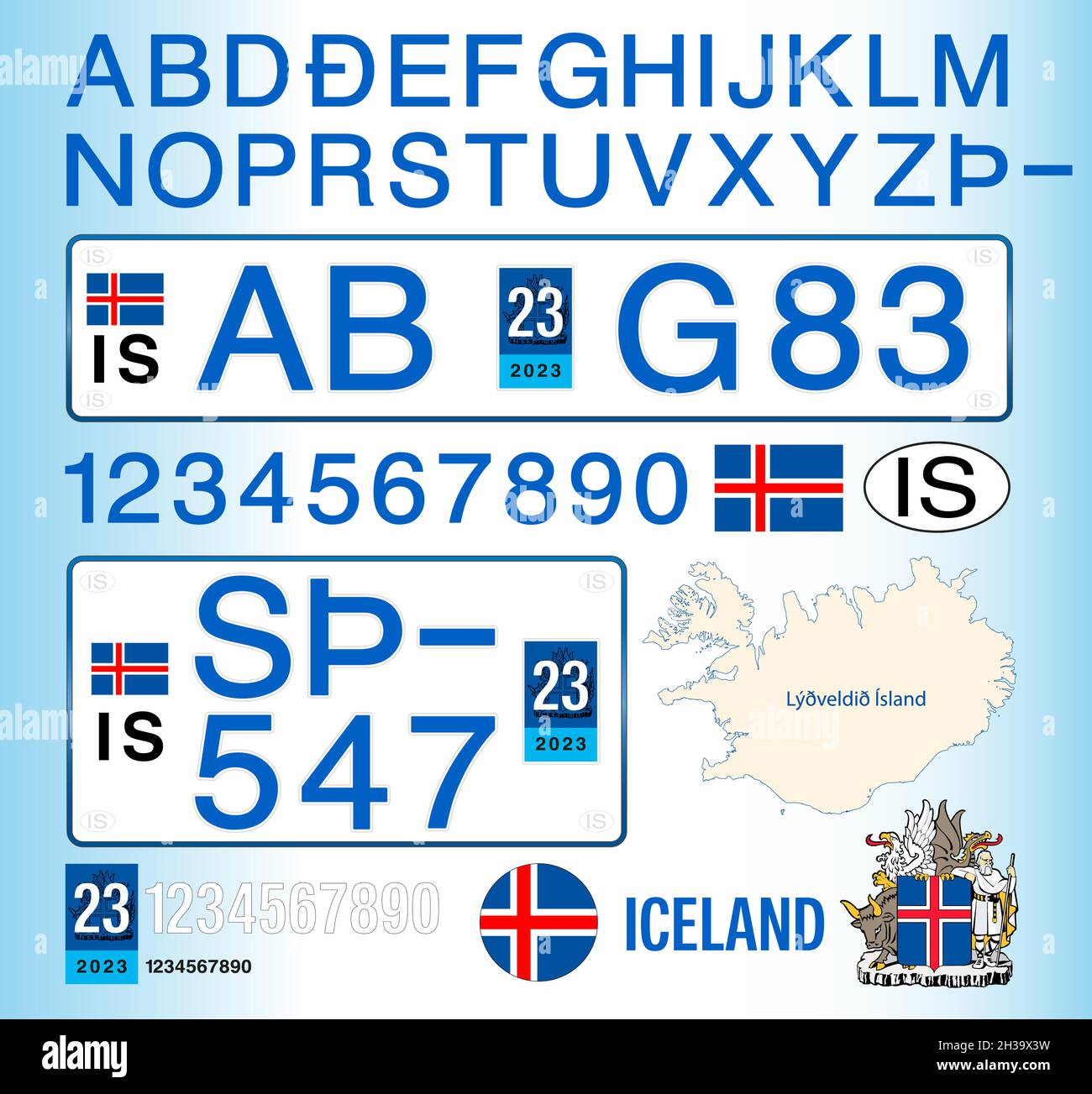 Iceland car license plate, letters, numbers and symbols, vector illustration Stock Vector