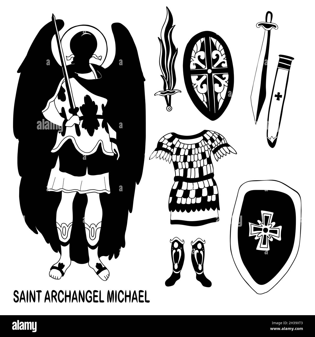 Collection of warrior and guardian Archangel Michael, armor, sword and chain mail. Vector illustration. Outline hand drawing. Religious concept of Cat Stock Vector