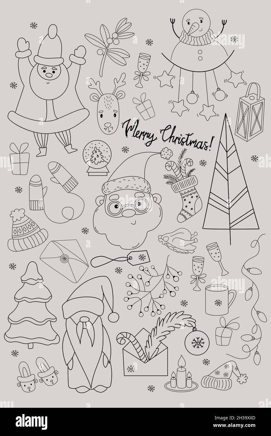 Big set of Christmas and New Year design elements in doodle style ...