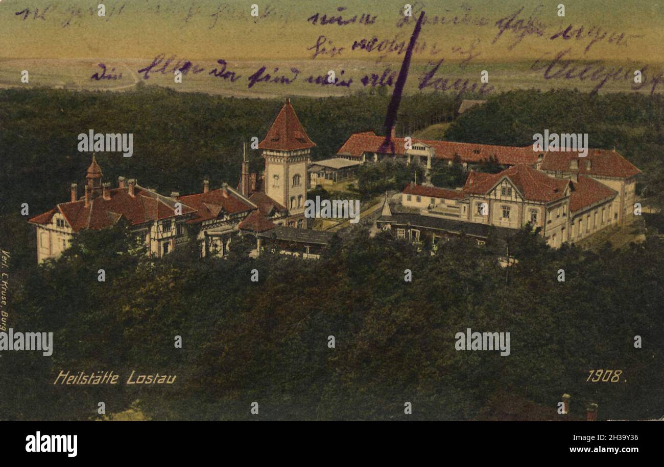 Heilstätte Lostau, Lungenheilstätte Lostau bei Magdeburg, Sachsen Anhalt, Deutschland, Ansicht von ca 1910, digitale Reproduktion einer gemeinfreien Postkarte Stock Photo