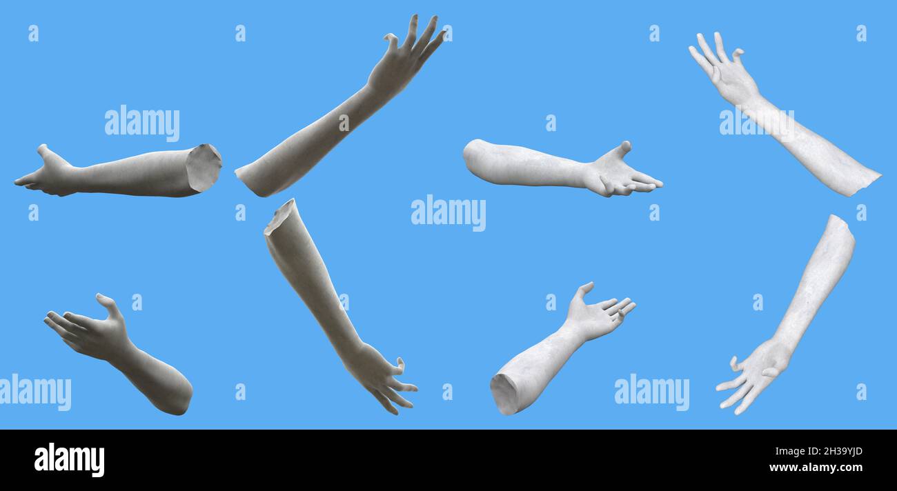 Set of white stone statue hand detailed renders isolated on blue, lights and shadows distribution example for artists or painters - 3d illustration of Stock Photo