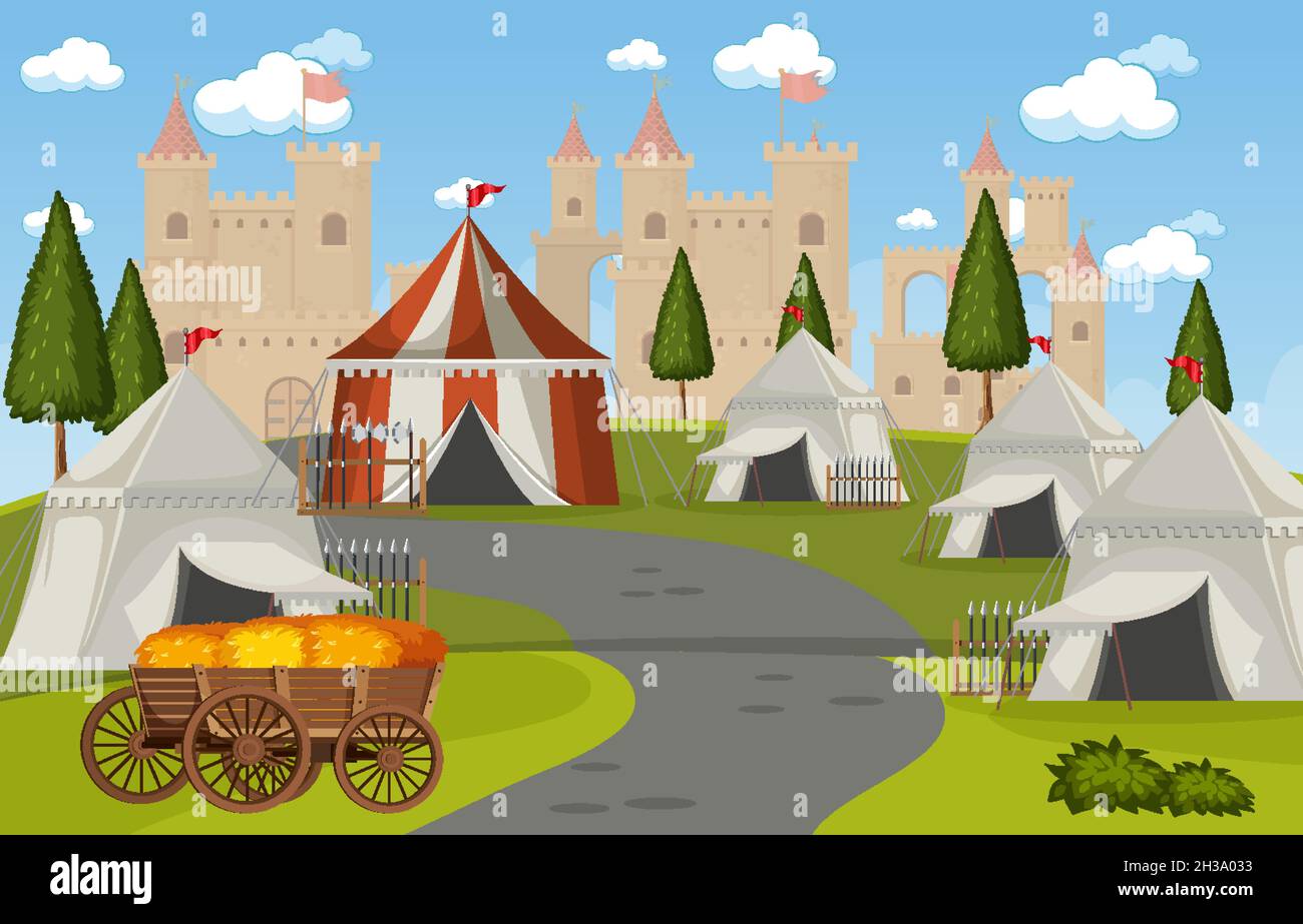 Military medieval camp with tents and castle illustration Stock Vector ...