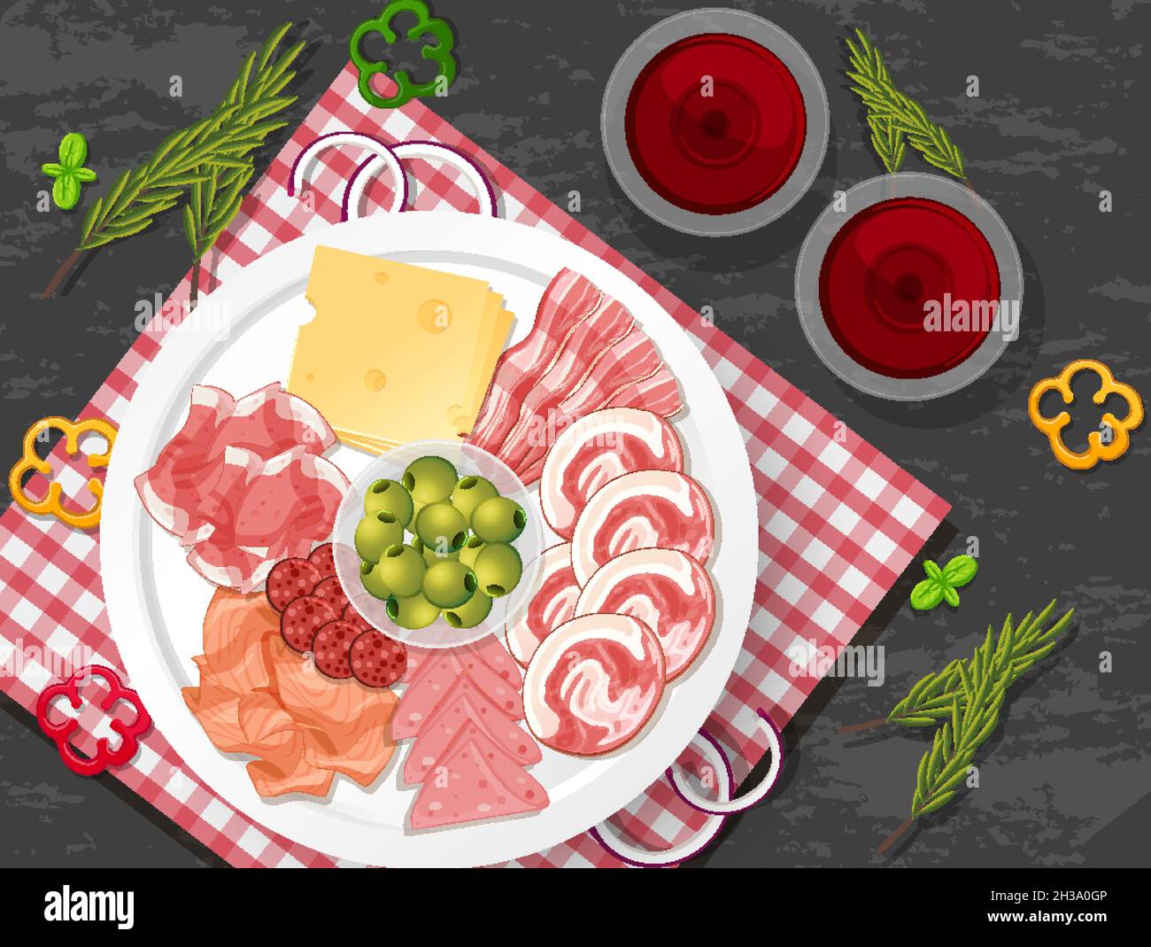Lunch meat set with different cold meats on platter illustration Stock