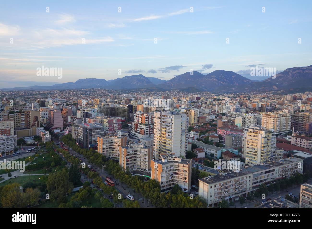Aerial view of Tirana, capital of Albania with mountains in background Stock Photo