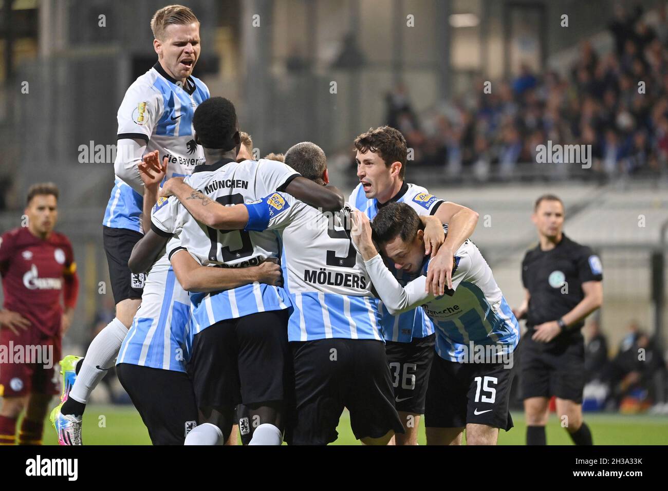 Munich, Deutschland. 30th Oct, 2021. Merveille BIANKADI (TSV Munich 1860),  action, duels versus KENNETH SCHMIDT (SC FREIBURG II). Soccer 3rd league,  Liga3, TSV Munich 1860-SC Freiburg II 6-0 on 10/30/2021 in Muenchen