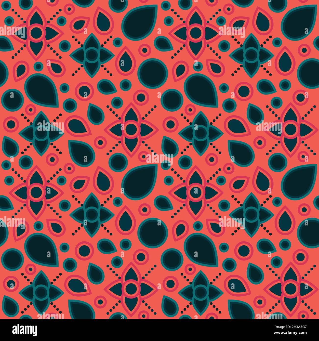 Seamless repeating pattern. 70ies inspired colors with simple flowers and leaves. Stock Vector