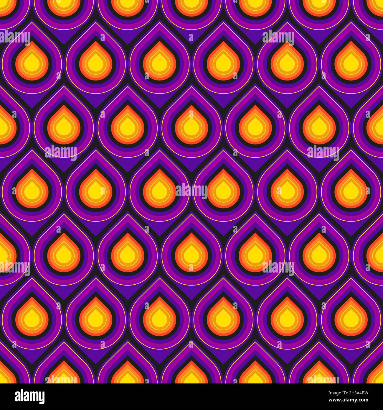 Seamless repeating pattern. Geometric droplets in orange and purple. Peacock pattern. Stock Vector