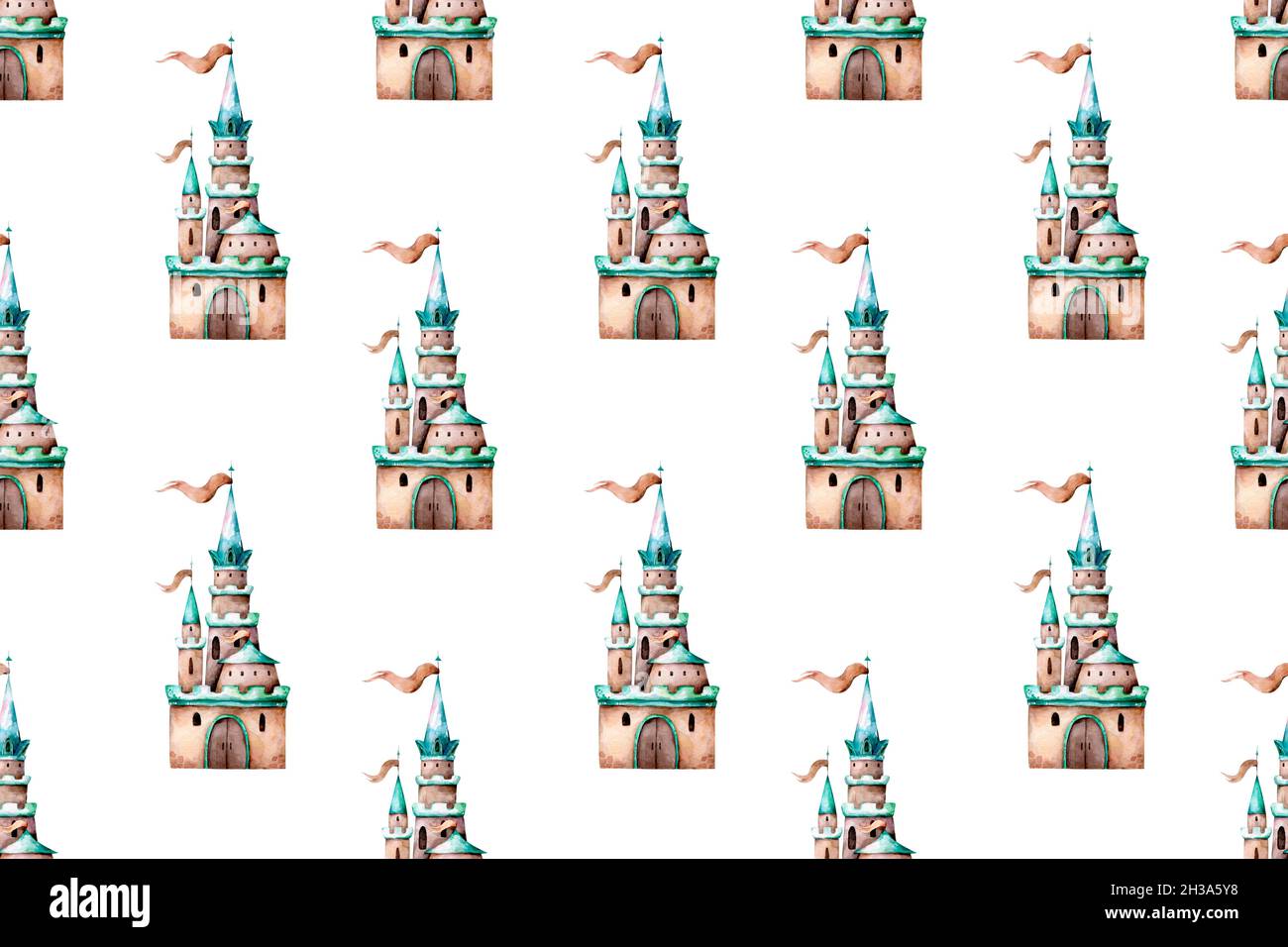 Cartoon Fairy tale castle seamless pattern. Hand drawn watercolor cute ...