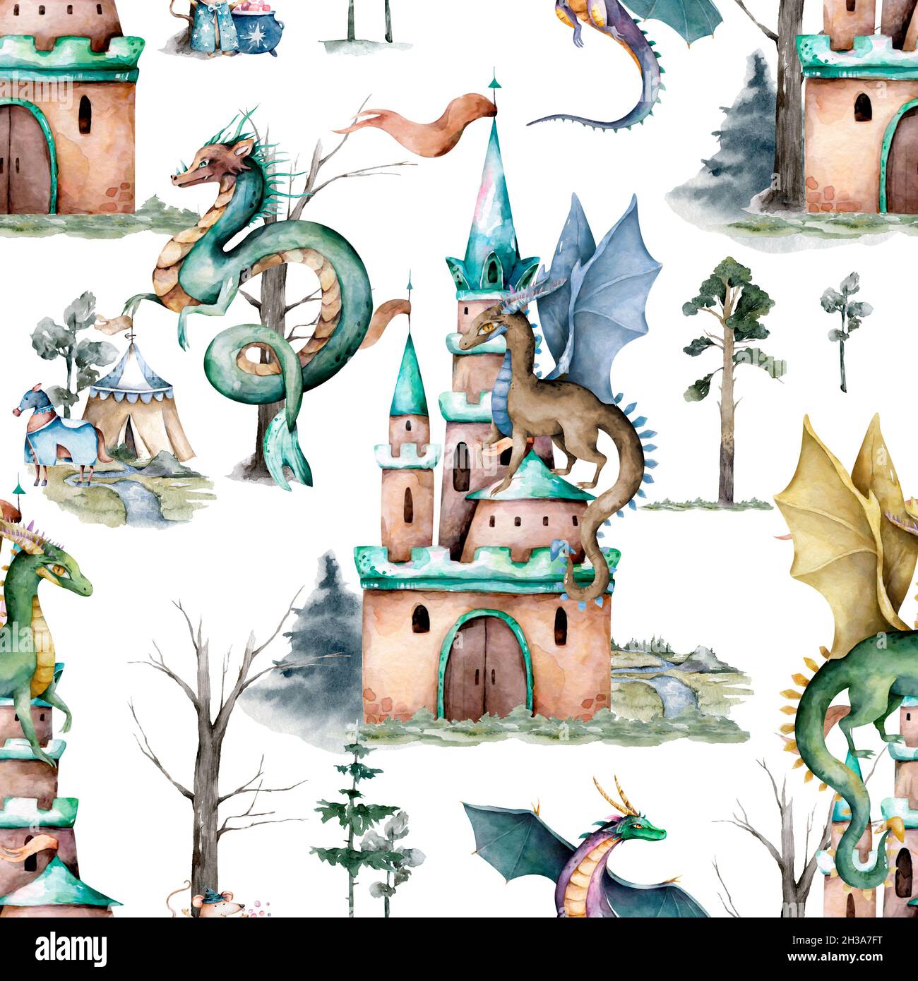 Cartoon Fairy tale castle and flying Dragons seamless pattern. Hand ...