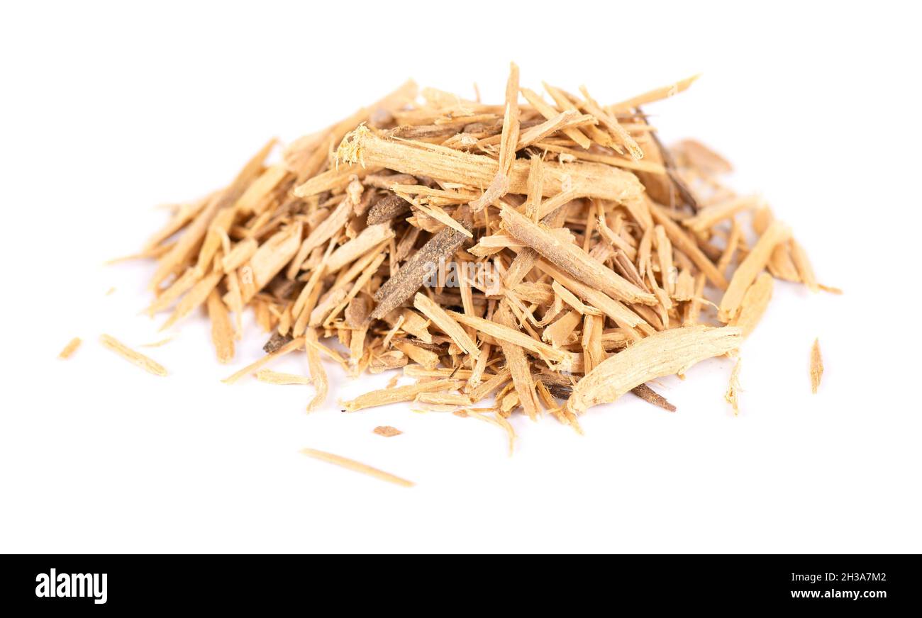 Muira Puama herbal tea, isolated on white background. Natural potency wood, medicinal plant, dry