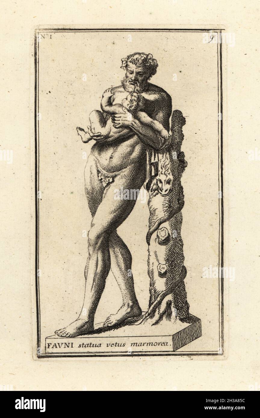 Marble statue of Silenus cradling the infant Dionysus. Roman copy of a bronze original by Lysippos. Borghese Collection, now in the Louvre. Fauni statua vetus marmorea. Copperplate engraving by Giovanni Battista Cannetti from Copperplates of the most beautiful ancient statues of Rome, Calcografia di piu belle statue antiche a Roma, engraved by Cannetti all'Arco della Ciambella, published by Gaetano Quojani, Rome, 1779. Stock Photo