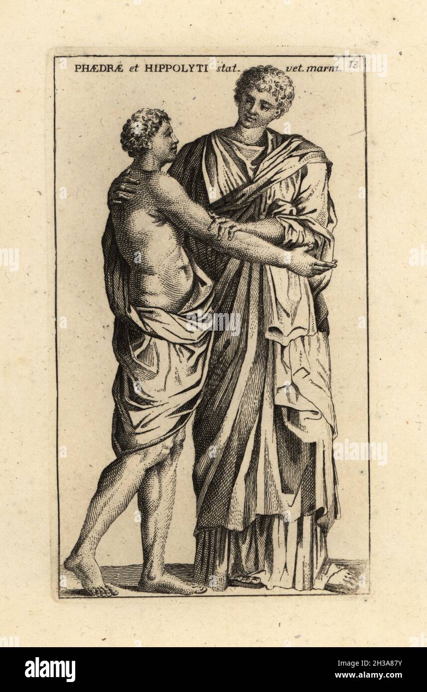 Ancient statue of two young men, Rome. Mistakenly identified as Phaedra, wife of Theseus, embracing her stepson Hyppolytus. Phaedrae et Hippolyti statua vetus marmorea. Copperplate engraving by Giovanni Battista Cannetti from Copperplates of the most beautiful ancient statues of Rome, Calcografia di piu belle statue antiche a Roma, engraved by Cannetti all'Arco della Ciambella, published by Gaetano Quojani, Rome, 1779. Stock Photo