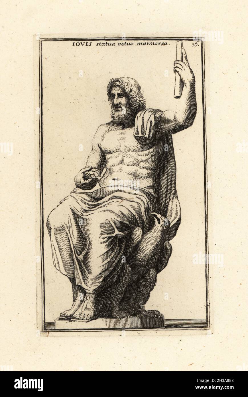 Statue of the Roman god Jove or Jupiter, seated on an eagle throne. After an original by Phidias for the Temple of Zeus. Iovis statua vetus marmorea. Copperplate engraving by Giovanni Battista Cannetti from Copperplates of the most beautiful ancient statues of Rome, Calcografia di piu belle statue antiche a Roma, engraved by Cannetti all'Arco della Ciambella, published by Gaetano Quojani, Rome, 1779. Stock Photo