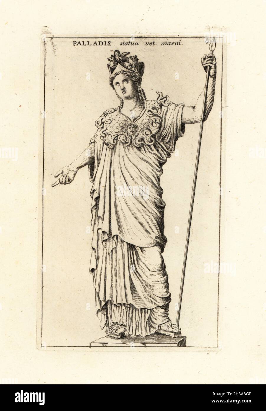 Statue of Roman goddess Athena Pallas, with crown, ornate breastplate with serpents and and spear. Athena farnese, later Roman copy of a Greek original by Pyrrhos from Phidias' circle, Museo Archeologico, Naples Palladis statua vetus marmorea. Copperplate engraving by Giovanni Battista Cannetti from Copperplates of the most beautiful ancient statues of Rome, Calcografia di piu belle statue antiche a Roma, engraved by Cannetti all'Arco della Ciambella, published by Gaetano Quojani, Rome, 1779. Stock Photo