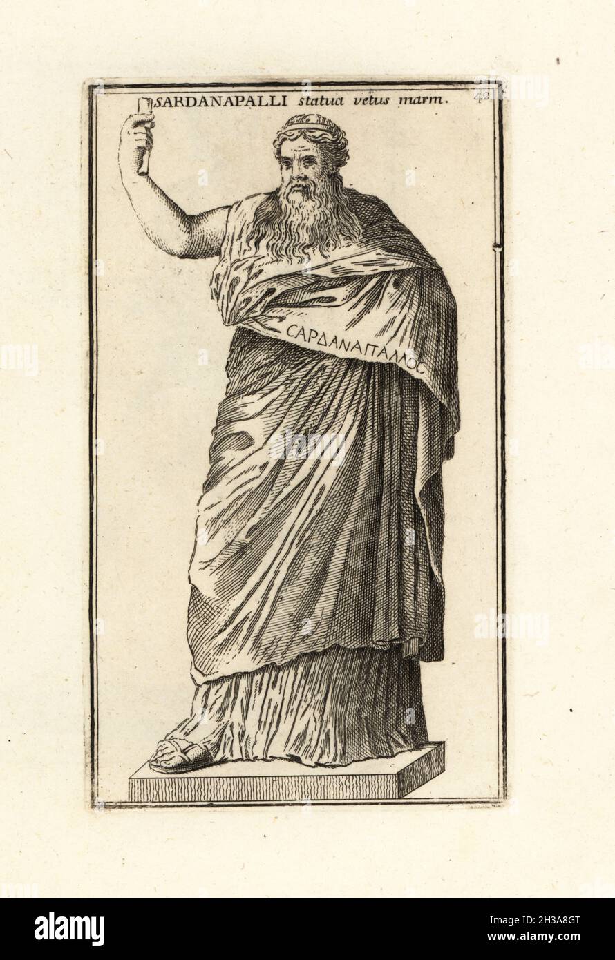 Statue of Dionysus Sardanapalus, Neo-Attic statue of the Greek god Dionysus as an old man with ivy wreath and long beard. Roman copy of a Greek orirginal from the 4th century BC, now in the Vatican. Sardanapalli statua vetus marmorea. Copperplate engraving by Giovanni Battista Cannetti from Copperplates of the most beautiful ancient statues of Rome, Calcografia di piu belle statue antiche a Roma, engraved by Cannetti all'Arco della Ciambella, published by Gaetano Quojani, Rome, 1779. Stock Photo