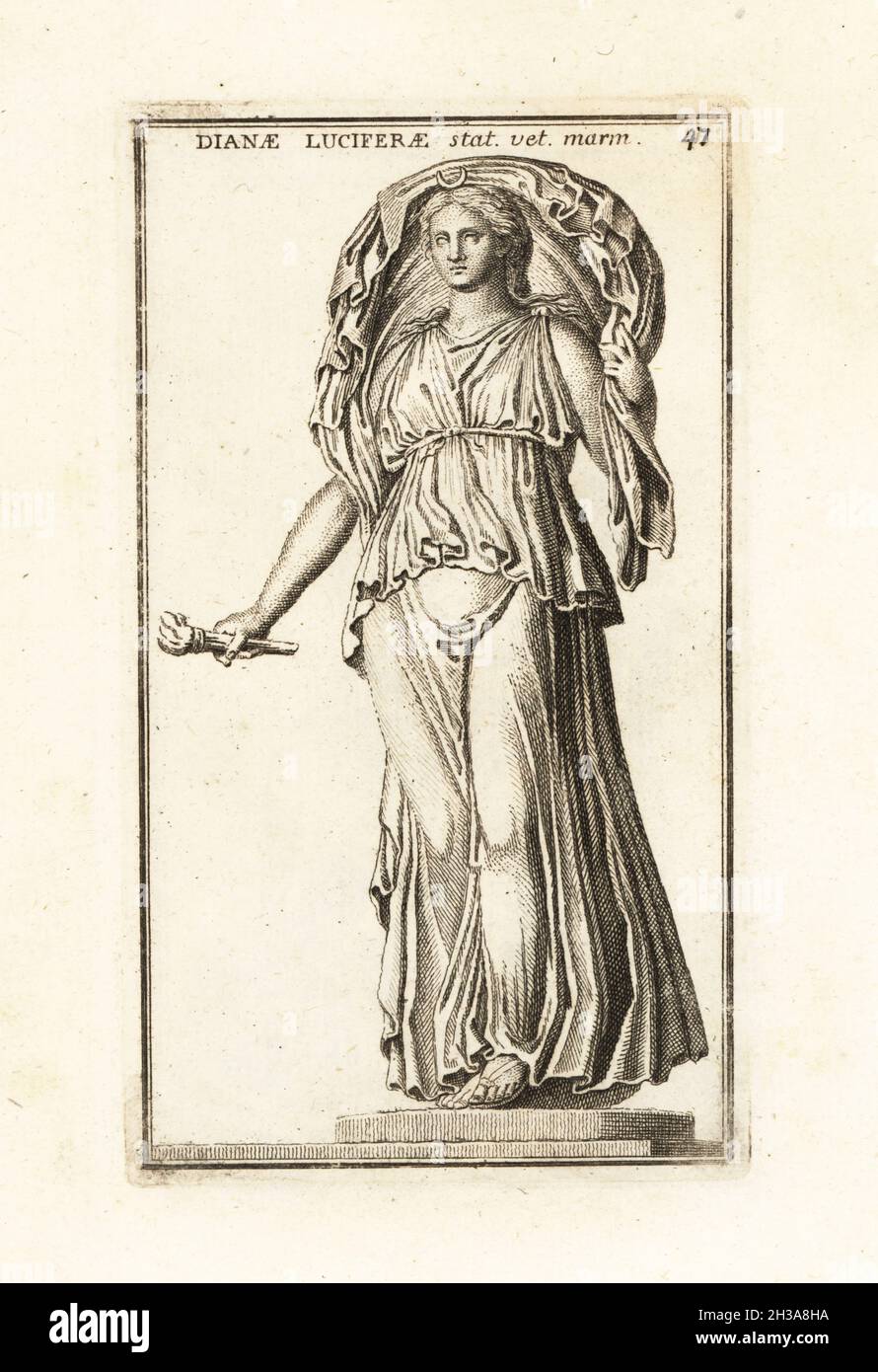 Statue of Roman moon goddess Luna holding a torch, wearing a billowing chiton, a crescent moon in her hair. Roman copy of a 4th century BC Greek statue of Selene. Also known as Diana Lucifera. Dianae Luciferae statua vetus marmorea. Copperplate engraving by Giovanni Battista Cannetti from Copperplates of the most beautiful ancient statues of Rome, Calcografia di piu belle statue antiche a Roma, engraved by Cannetti all'Arco della Ciambella, published by Gaetano Quojani, Rome, 1779. Stock Photo