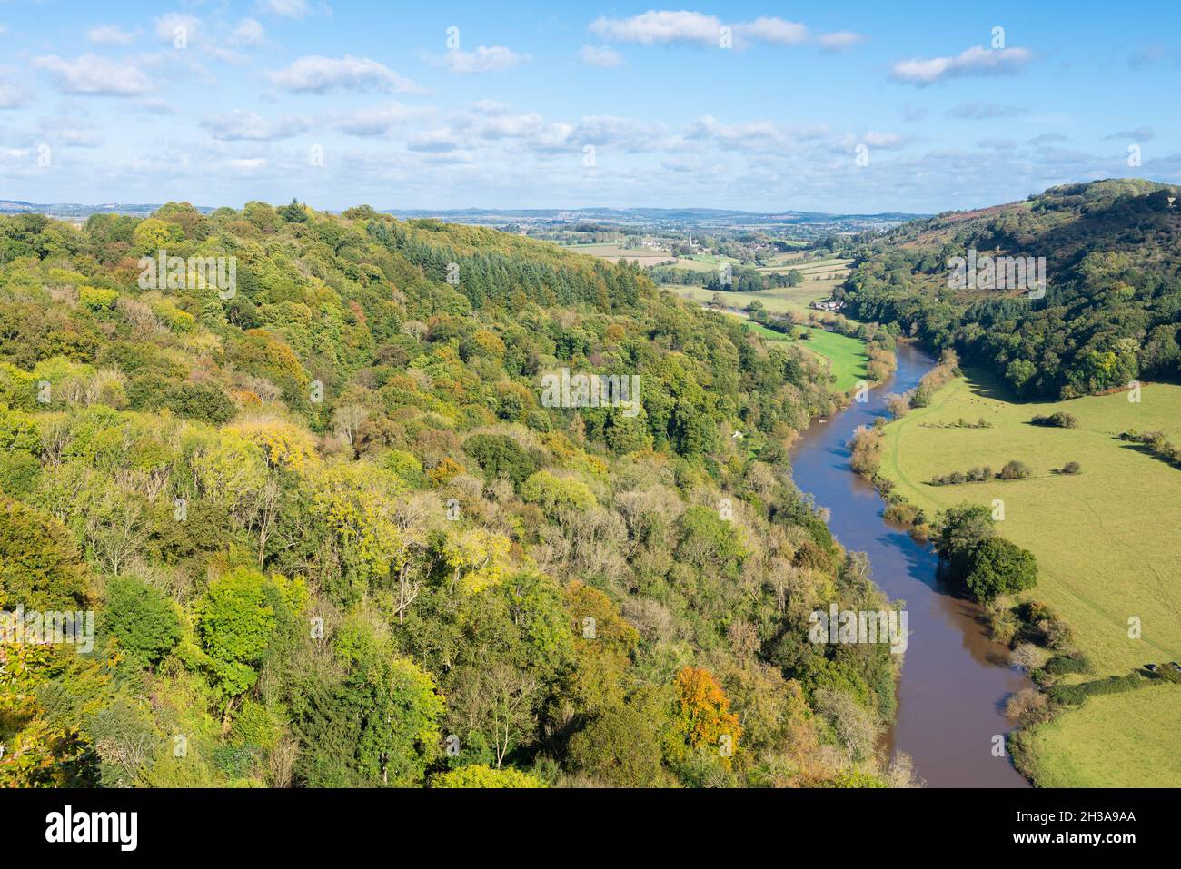 View of muddy and dirty River Wye in Herefordshire from 120 metre high