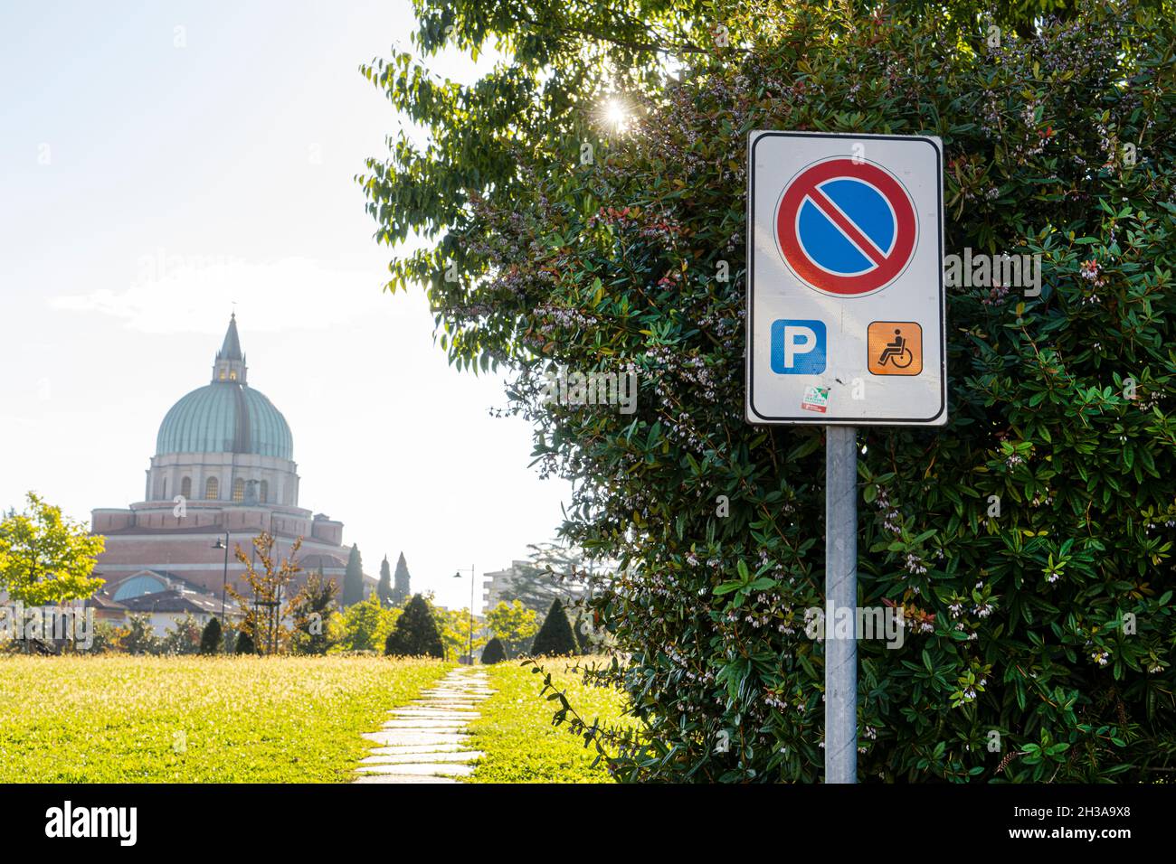 the sign in the area reserved for parking cars for disabled people Stock Photo