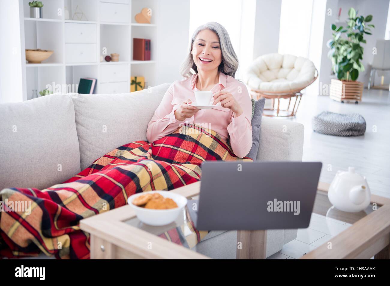 Photo of cozy wavy hairdo senior lady look laptop drink tea wear pink ...